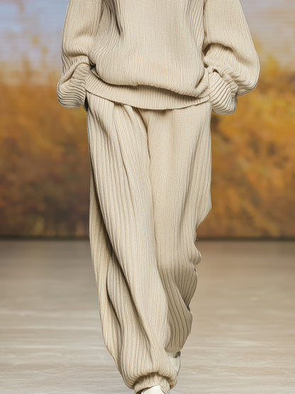 Ensemble Décontracté en Tricot Beige : Pull à Col Roulé et Pantalon