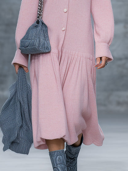 Robe Midi Plissée Rose Rétro à Manches Longues - Élégance Confortable