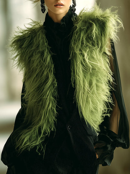 Élégant Gilet en Fausse Fourrure Vert Olive – Chic et Tendance