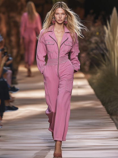 Combinaison en Denim Rose avec Poches Multiples et Fermeture Éclair au Style Rétro