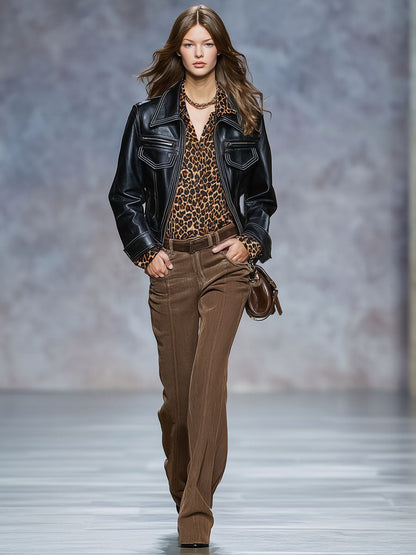 Veste en simili cuir noir avec zip et col vintage élégant