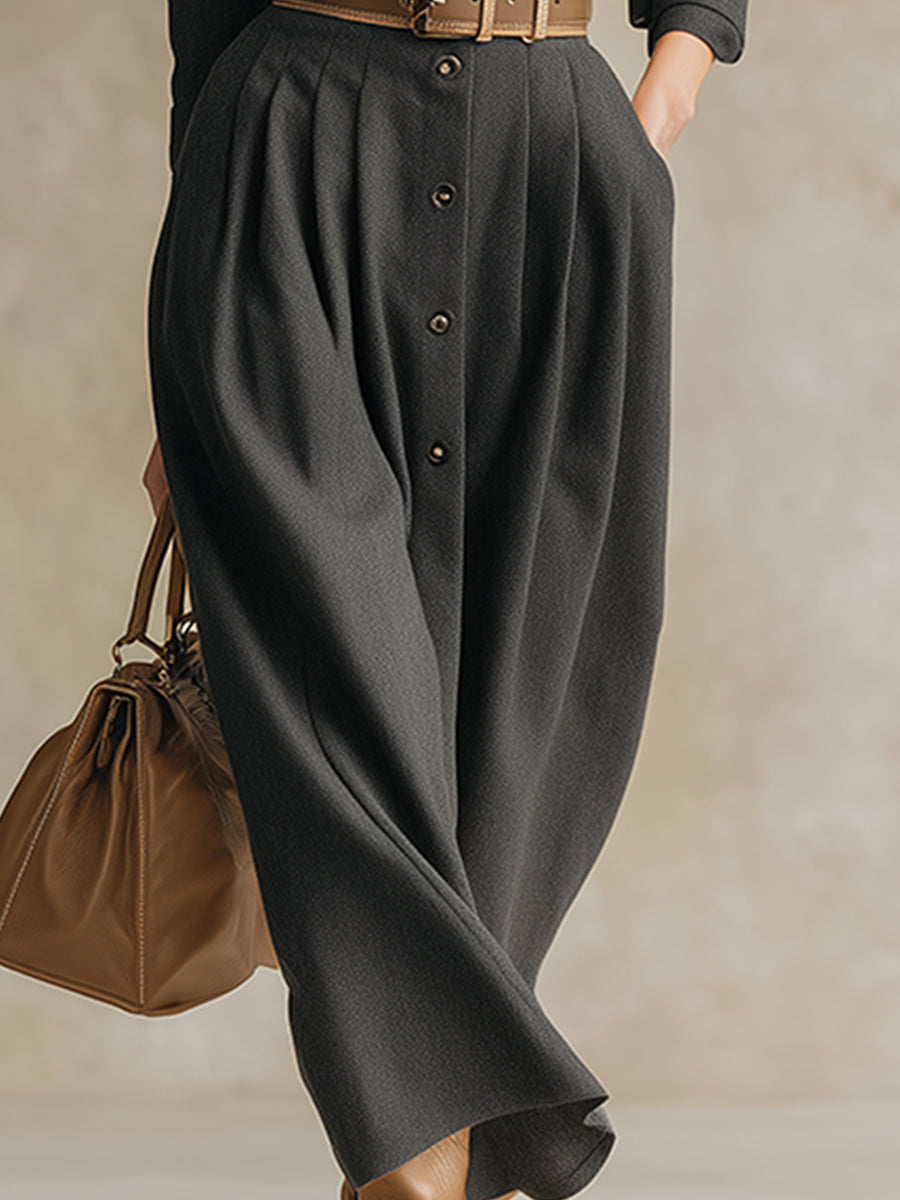 Robe Maxi Élégante en Laine Grise avec Col et Ceinture - Luxe à Chaque Détail