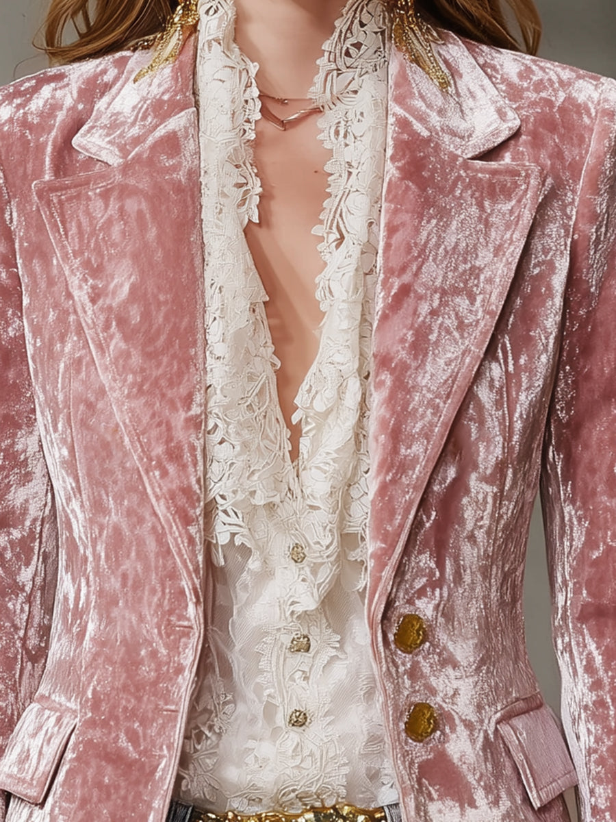 Veste en Velours Rose Rétro à Détails Dorés