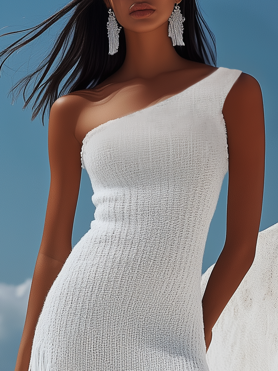 Robe Midi Tricotée Élégante à Une Épaule avec Franges - Expédition Rapide en 24 Heures!