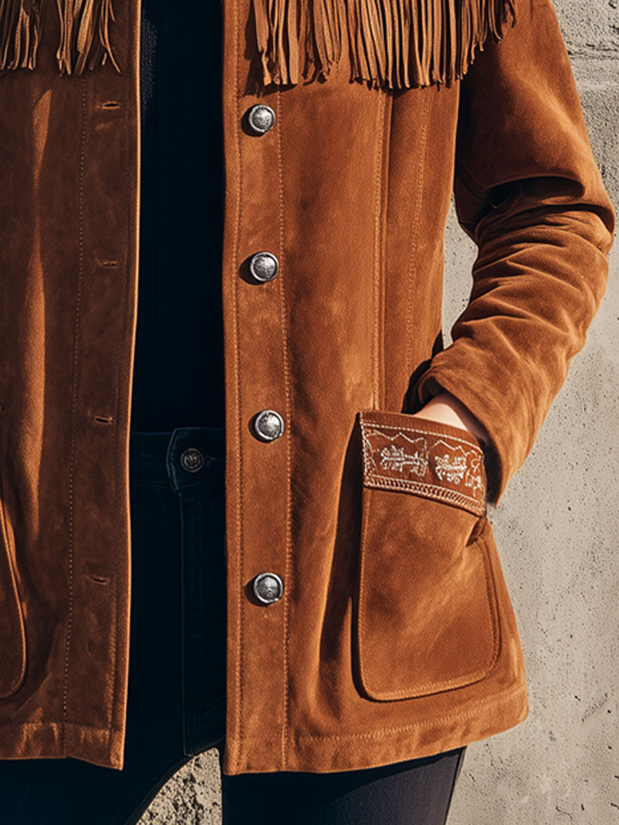 Veste Western en Suédine Brodée avec Col Sherpa