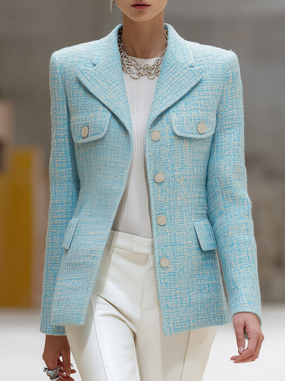 Veste en Tweed Bleu Élégante avec Poches à Boutons Argentés