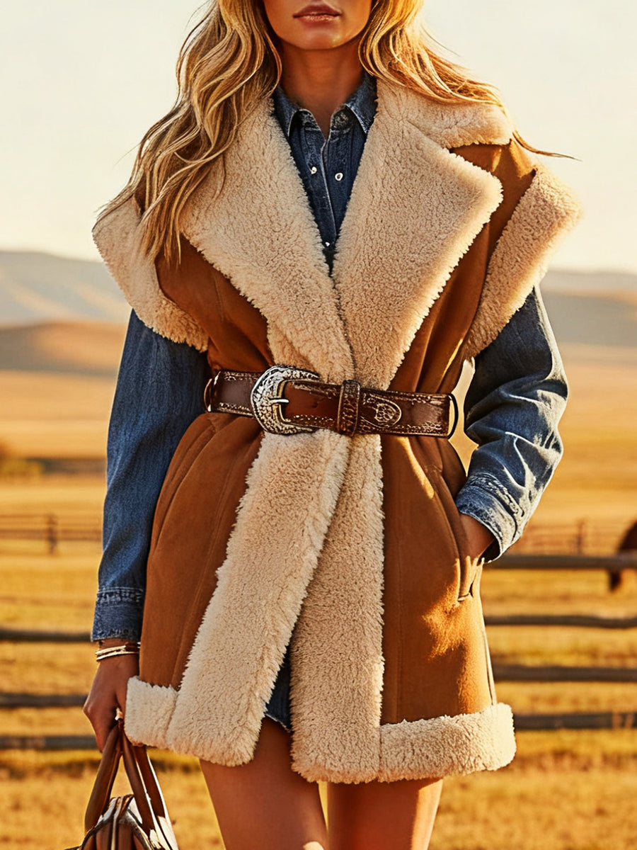 Veste en Velours Synthétique Marron au Style Rétro Western