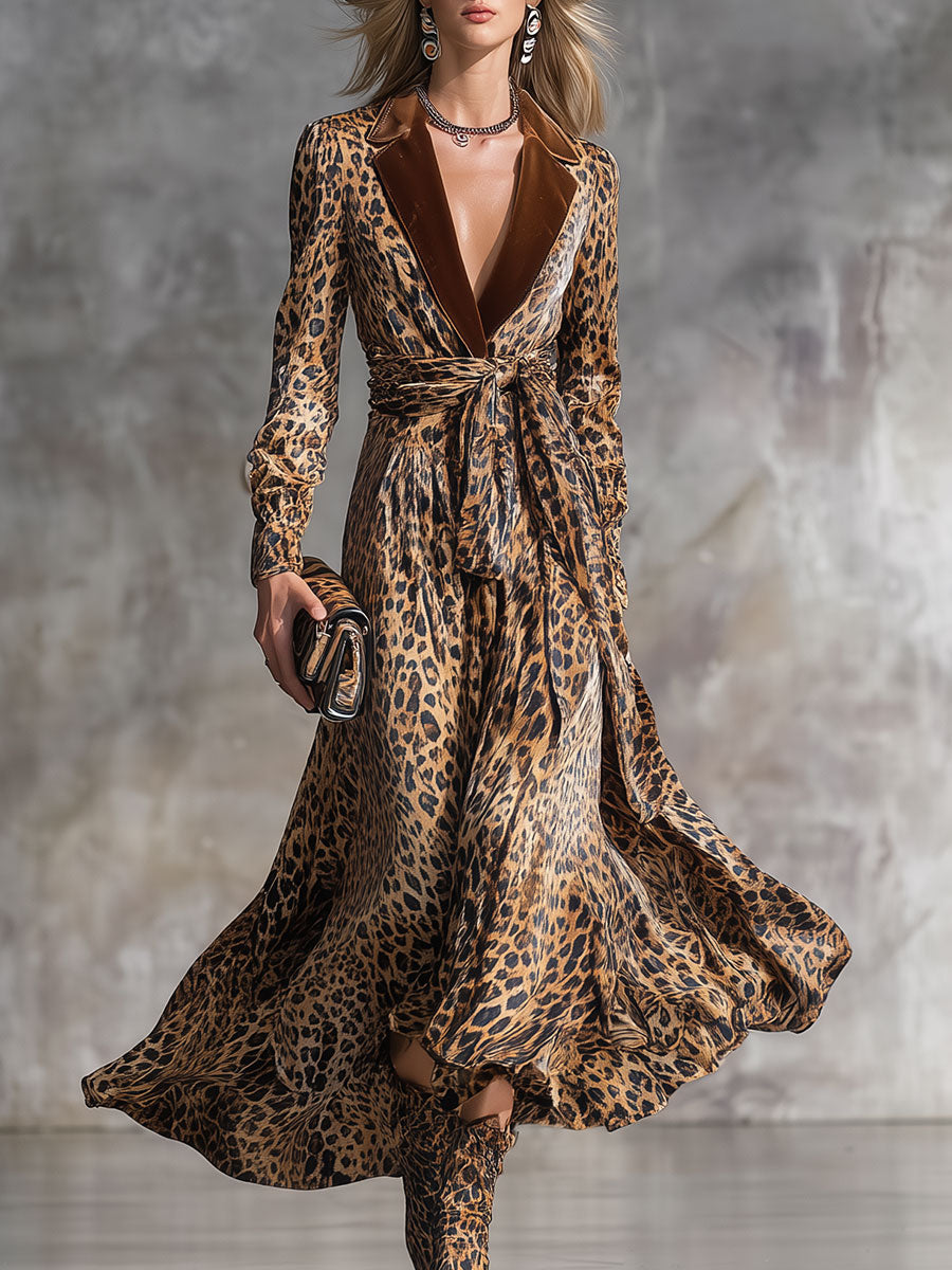 Robe Midi en Velours à Imprimé Léopard Vintage avec Col Revers