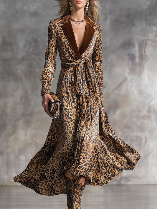 Robe Midi en Velours à Imprimé Léopard Vintage avec Col Revers