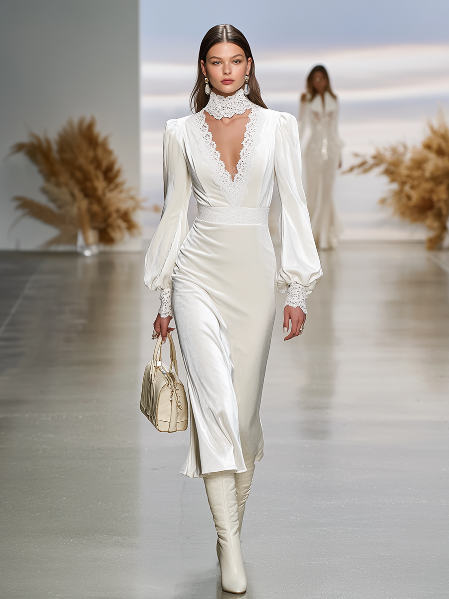 Maxi Robe en Velours avec Manches Lanternes et Décolleté en V, Élégance Rétro en Dentelle