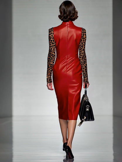 Robe Midi Zippée à Imprimé Léopard avec Détails en PU Rouge