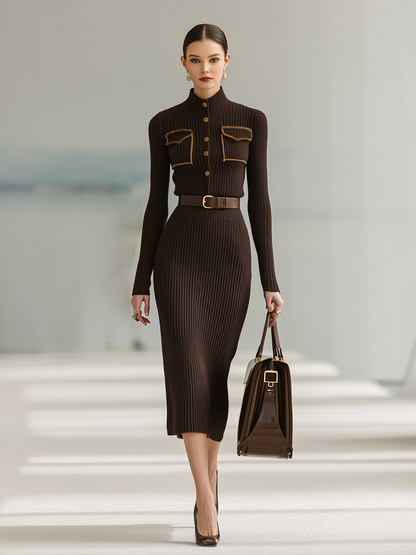 Robe Tricotée Chic à Col Montant et Manches Longues