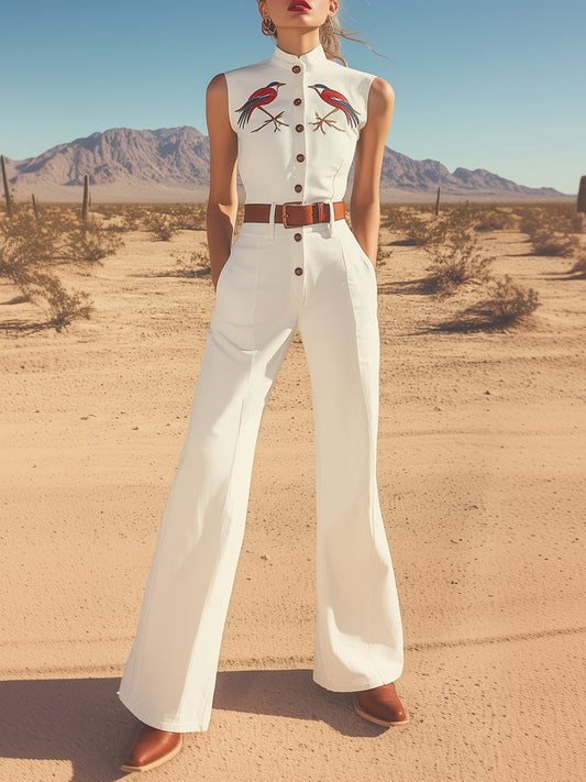 Expédition en 24h : Combinaison Sans Manches à Col Montant Brodé - Style Rétro Western