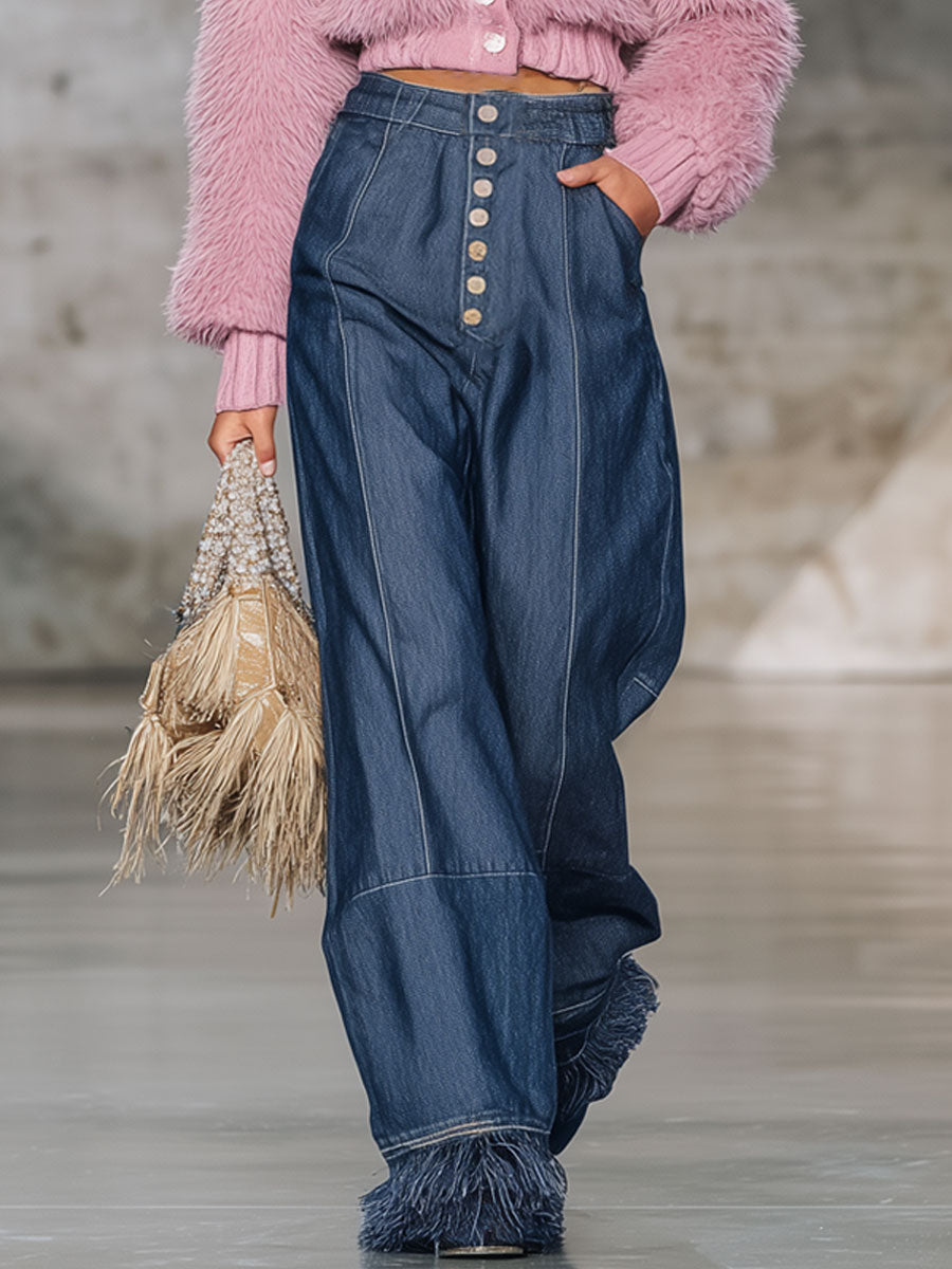 Jean Vintage Évasé avec Franges en Denim Bleu Foncé