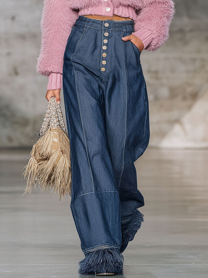 Jean Vintage Évasé avec Franges en Denim Bleu Foncé
