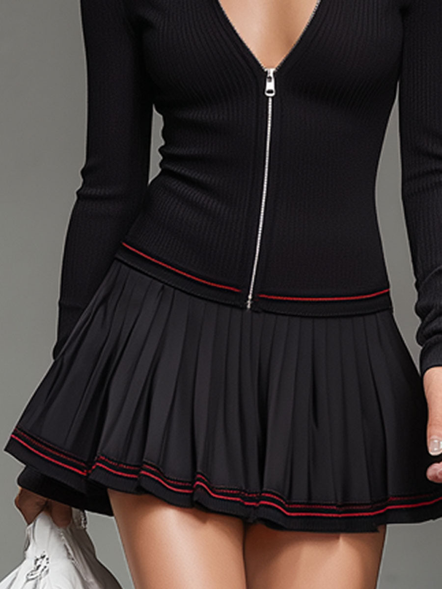 Ensemble Sportif : Haut Long à Zip avec Ourlet Contrasté et Jupe Plissée