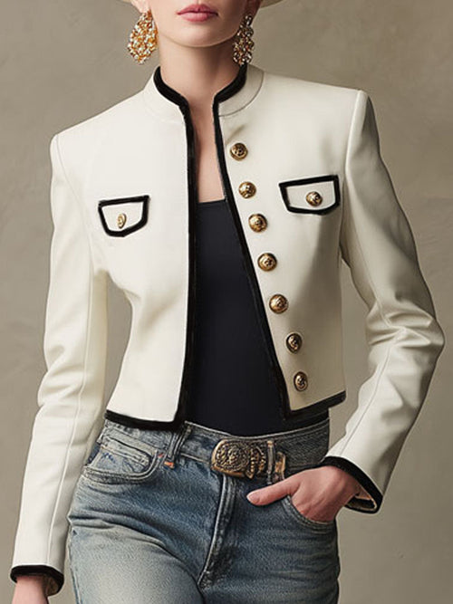 Veste en PU à col montant avec boutonnière simple et accents de couleur contrastée