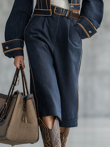 Ensemble Chic en Jean Marine avec Détails Rétro et Pantalon Court