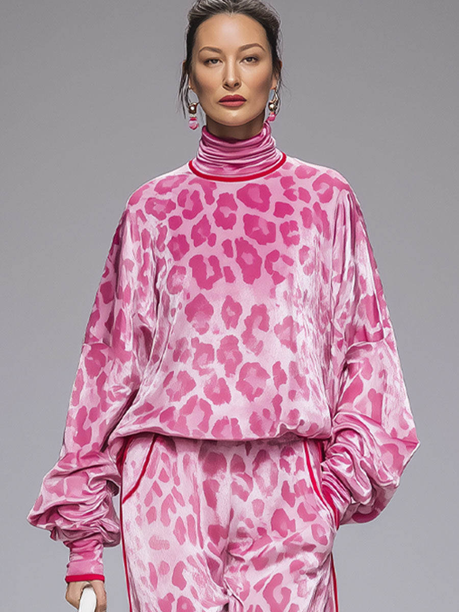 Ensemble Velours Léopard Rose : T-shirt Col Roulé à Manches Longues et Pantalon
