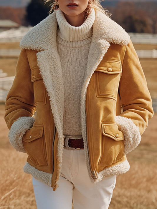 Veste Vintage Western en Suédine Jaune à Multi-Poches, Doublée en Polaire