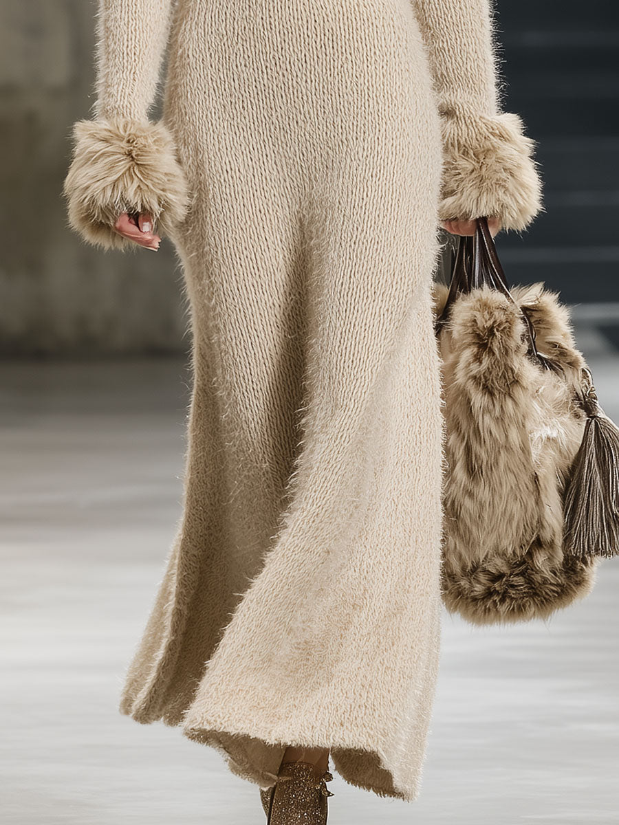 Robe Maxi Tricotée Chic en Khaki Clair avec Manches en Fausse Fourrure