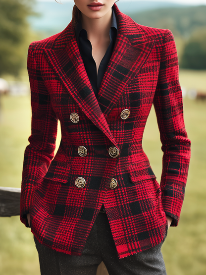 Élégant Blazer Rétro à Carreaux avec Double Boutonnage Inspiré du Style Western