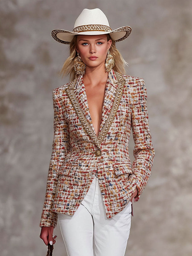 Vibrant Tweed Blazer with Contrasting Ribbon and Single Button Closure