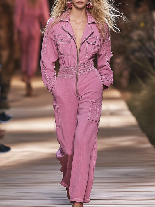 Combinaison en Denim Rose avec Poches Multiples et Fermeture Éclair au Style Rétro
