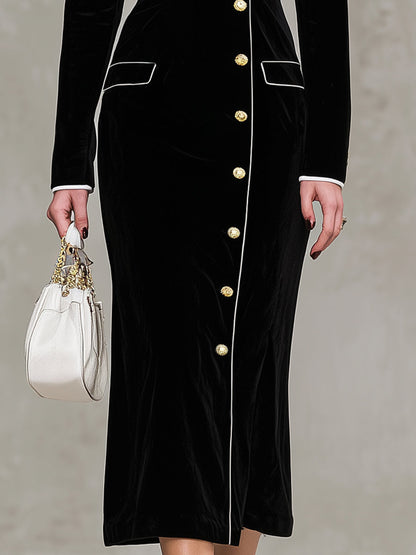 Maxi Robe en Velours Noir avec Détails en Col Blanc