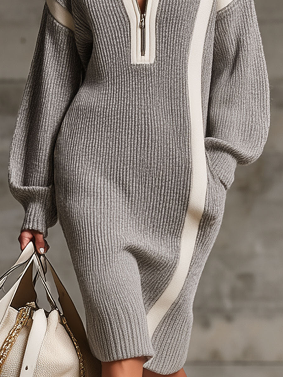 Robe Midi Tricotée avec Poches Doubles, Fermeture Éclair et Élégant Col Revers