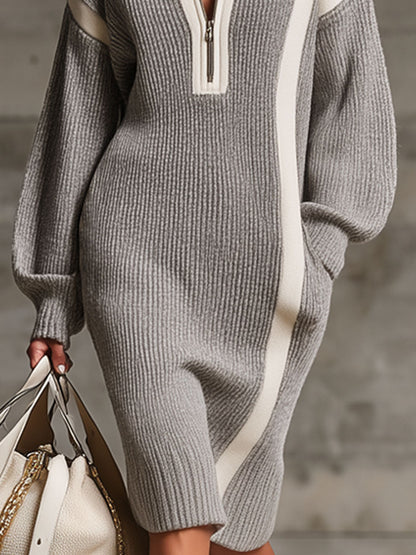 Robe Midi Tricotée avec Poches Doubles, Fermeture Éclair et Élégant Col Revers