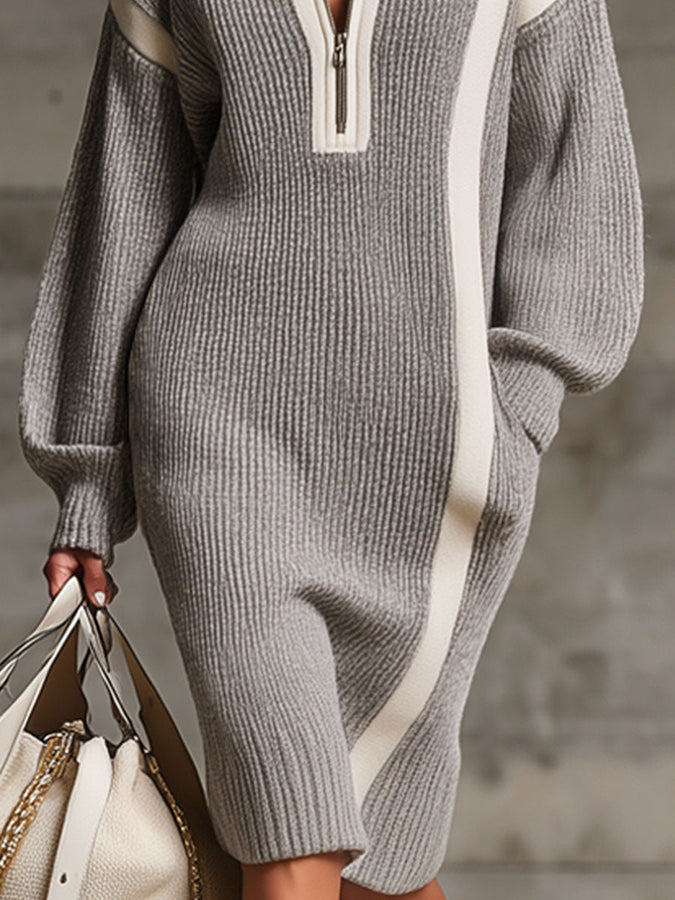 Robe Midi Tricotée avec Poches Doubles et Zip - Col Revers à Contraste Élégant