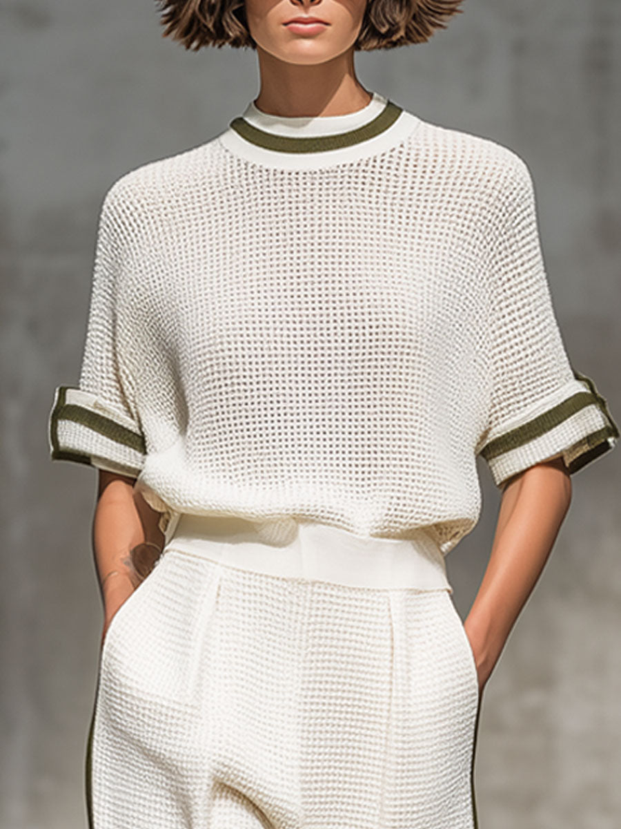 Ensemble Vintage : Chemise Tricotée Blanche à Manches Courtes et Pantalon à Jambes Larges