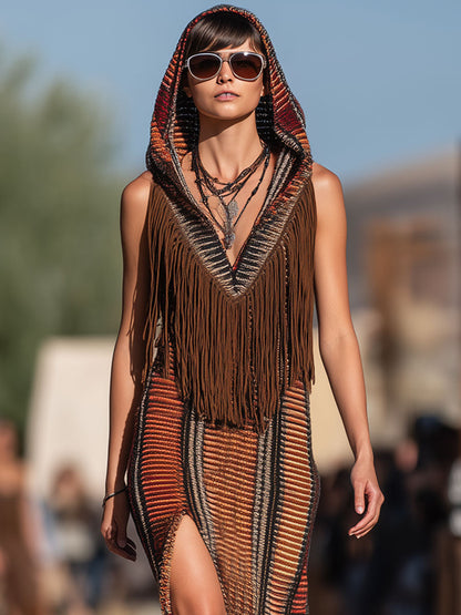 Robe Maxi Tricotée à Capuche avec Franges - Style Western Rétro à Rayures Colorées, Expédition en 24 Heures!