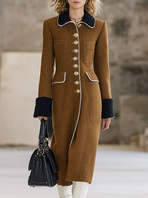 Long Camel Wool Coat with Retro Black Fleece Panels - Oversized Style
