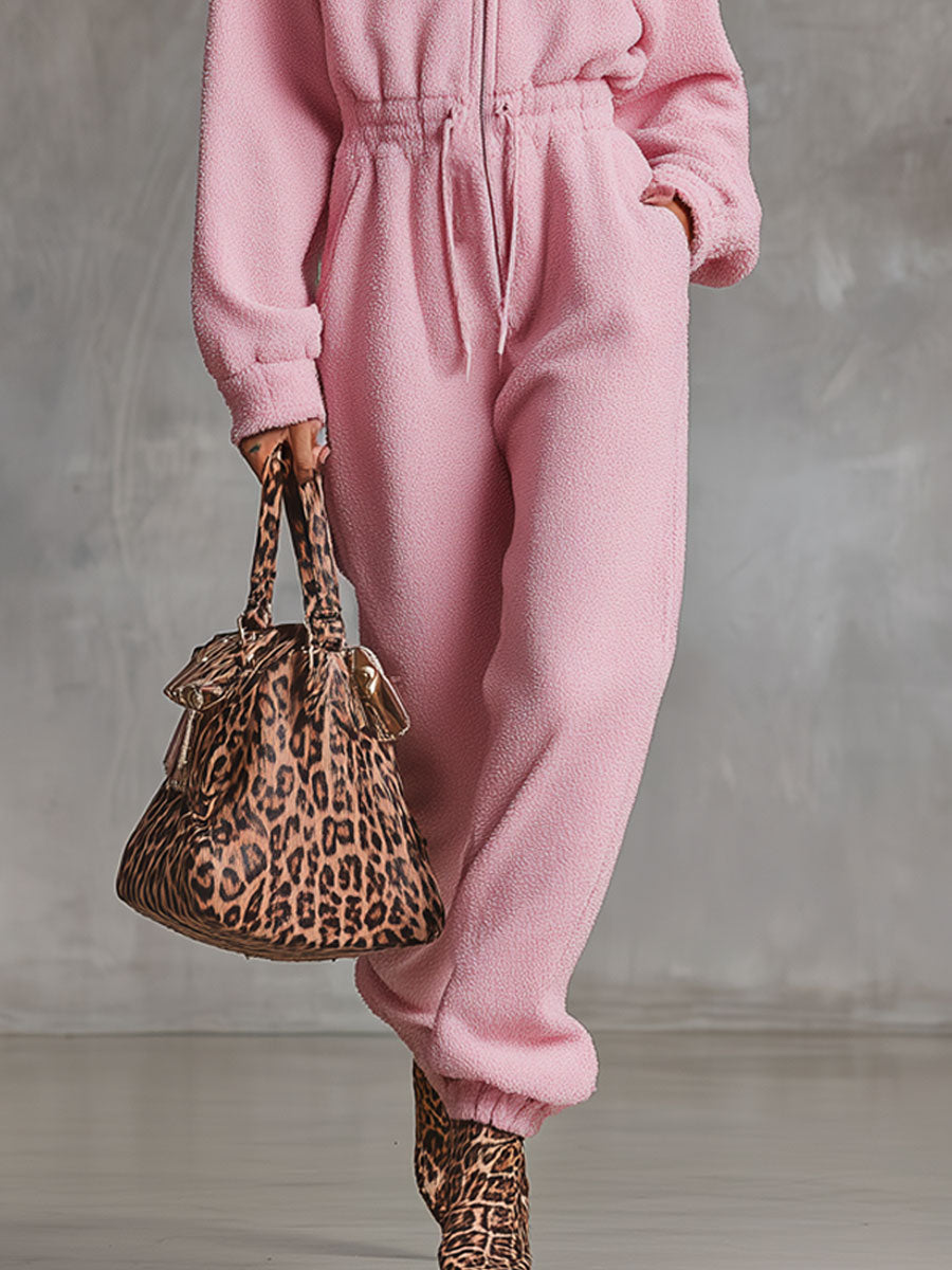 Combinaison Rétro en Polaire Rose avec Capuche