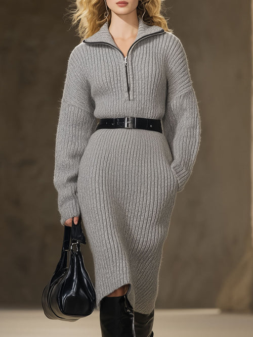 Ample Midi Zippée en Tricot Gris au Style Rétro