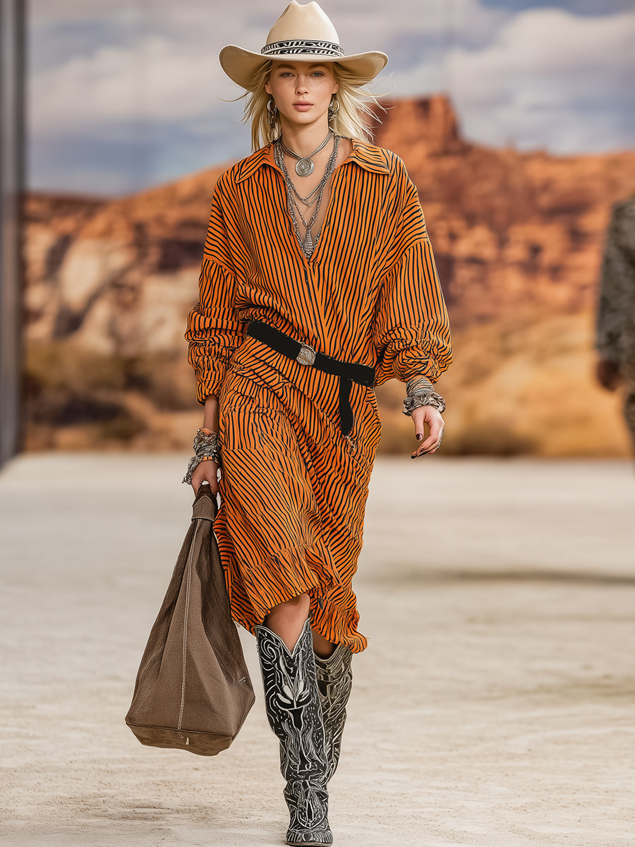 Robe Midi Rétro Orange à Rayures Noires - Style Western Chic
