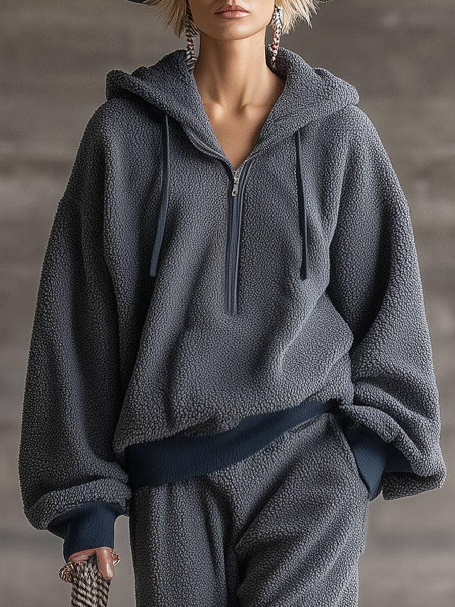 Ensemble Sportif Casual Gris en Polaire à Demi-Zip au Style Rétro