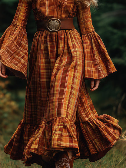 Robe Midi Vintage à Carreaux Orange avec V-Neck et Manches Trompette