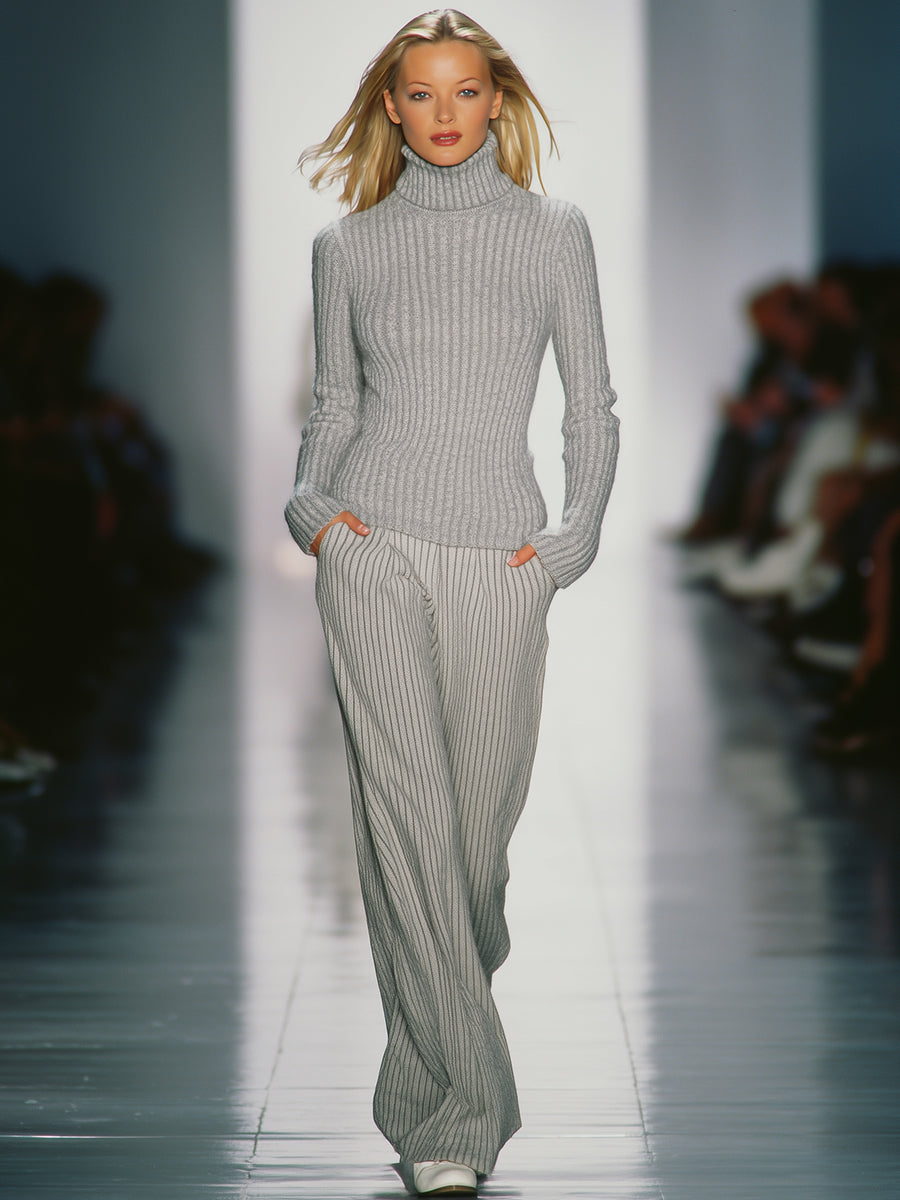 Chic et Élégant Ensemble Turtleneck Gris Clair avec Pantalon