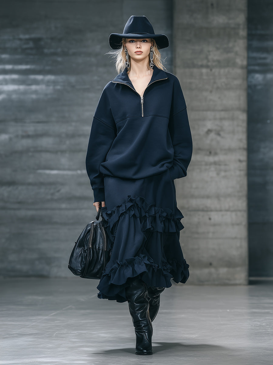 Ensemble Sportif Élégant : Sweatshirt à Revers et Jupe Volante Bleu Foncé