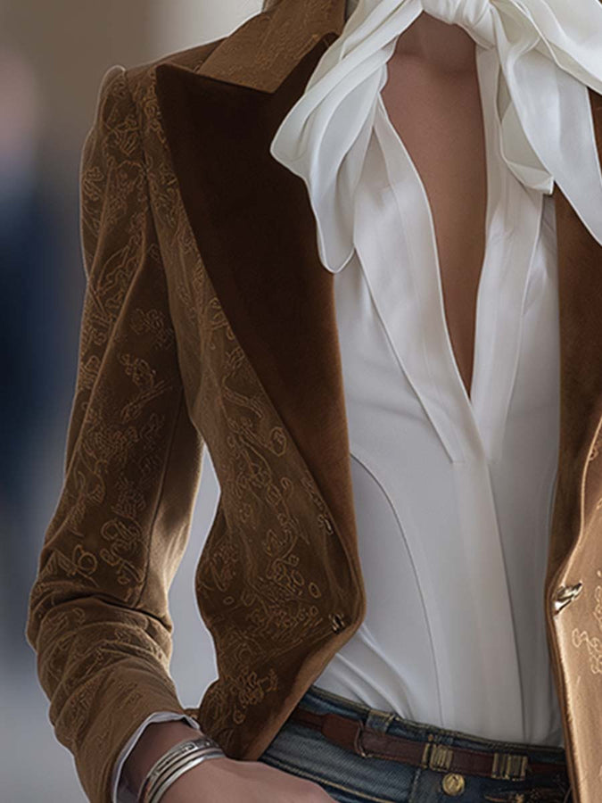 Blazer Vintage Classique en Faux Suède Marron à Motifs Western