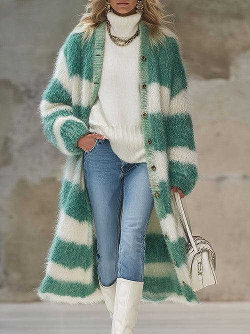 Vintage Vert et Blanc en Mohair : Cardigan Tricoté Élégant