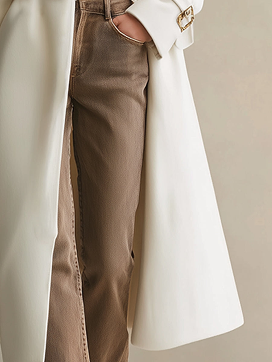 Long Crème Blanc en Laine avec Col en Fourrure Léopard - Élégance Urbaine