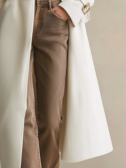 Long Crème Blanc en Laine avec Col en Fourrure Léopard - Élégance Urbaine