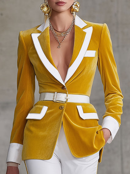 Blazer Chic en Velours Bicolore avec Col Distinctif et Ceinture