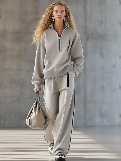 Ensemble Sportif Gris Clair avec Sweat-shirt à Demi-Fermeture Éclair et Pantalon Confort