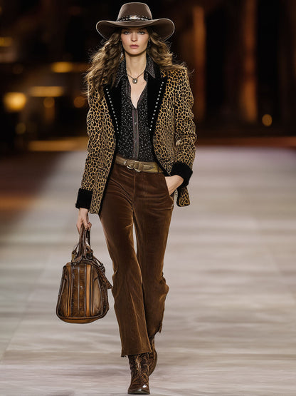 Veste en Velours Imprimé Léopard Rétro à Détails Contrastés