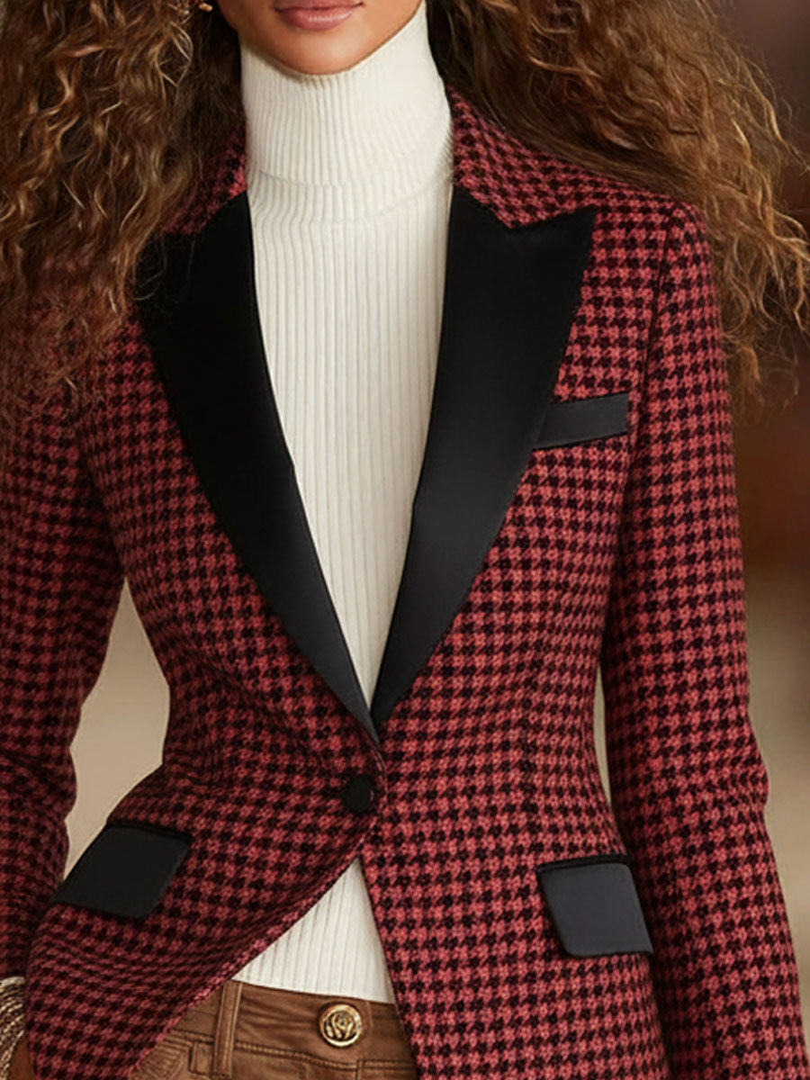 Blazer Décontracté à Carreaux avec Revers et Bouton Unique